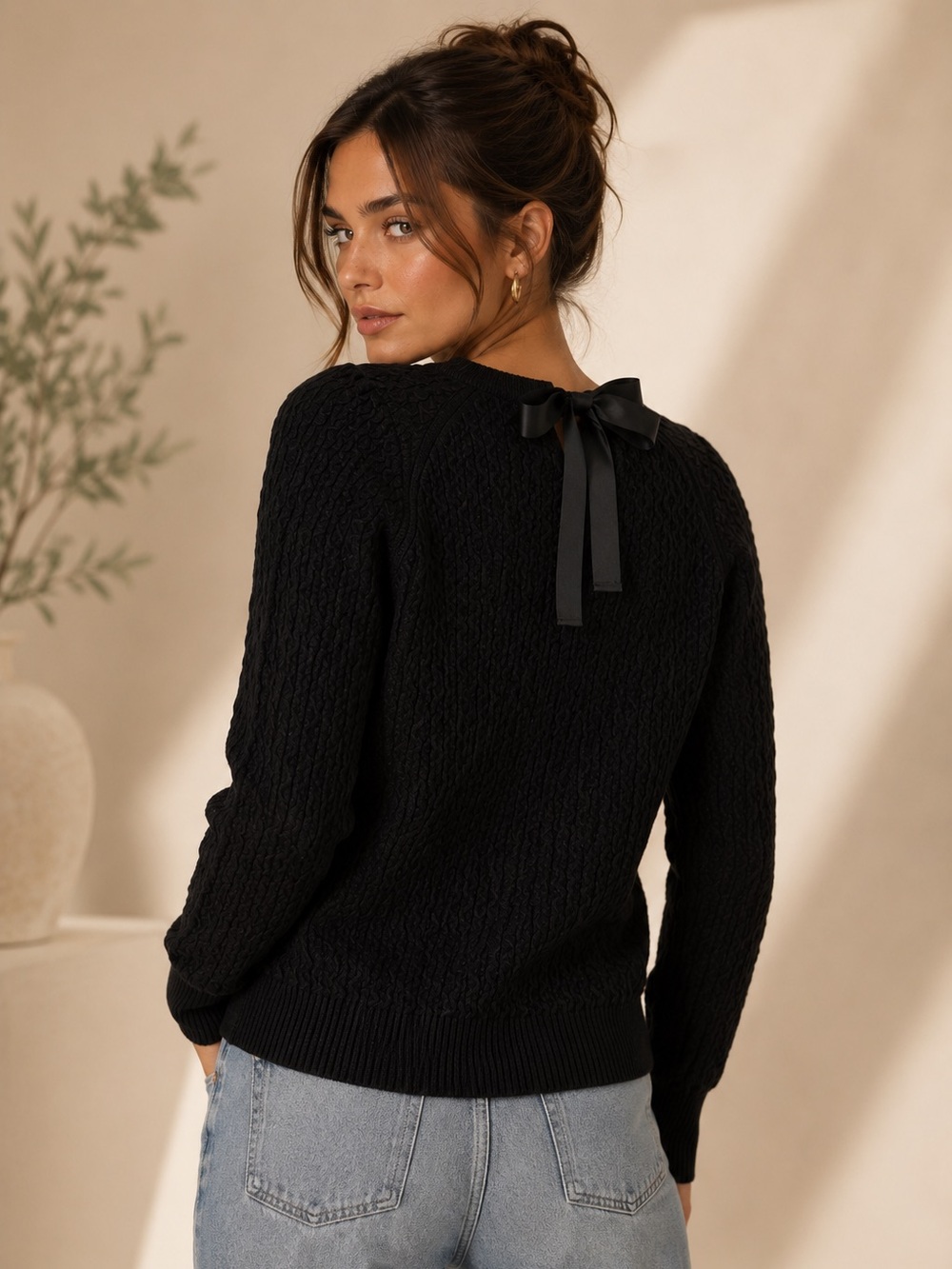 Forever 21 Black Cable Knit Sweater with Ribbon Bow Tie Back Collar Size Medium